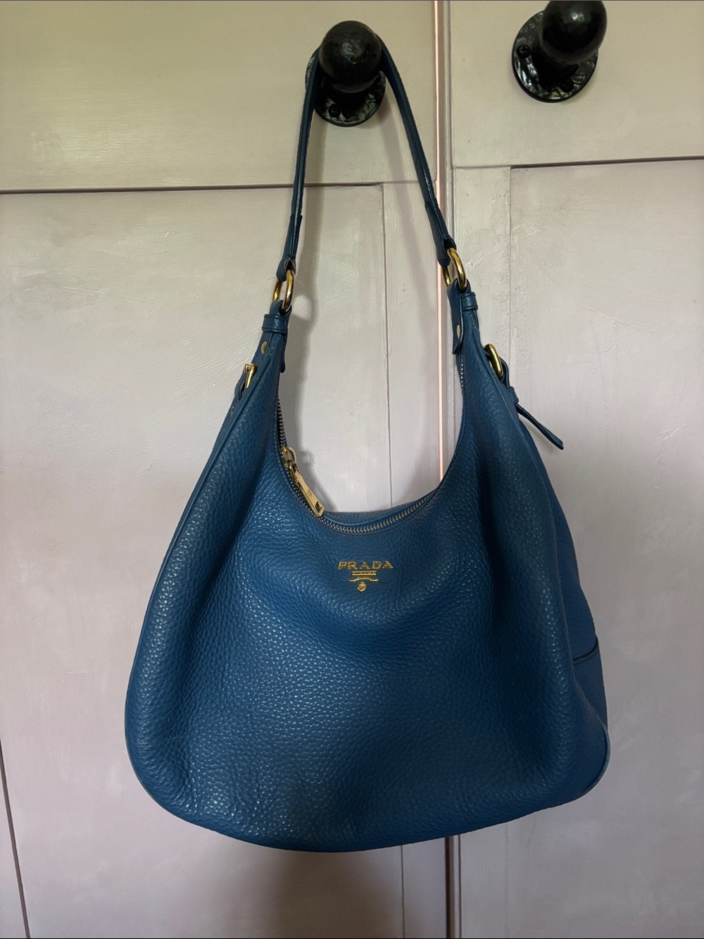 Prada Teal-Blue Pebbled Leather Shoulder Hobo with Gold Hardware